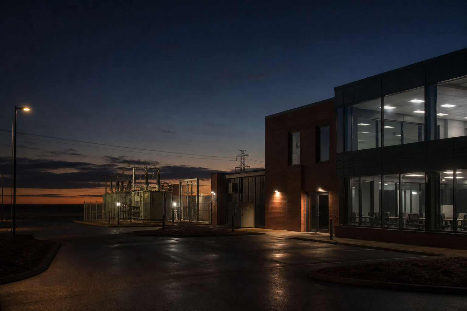 UK commercial buildings at dusk